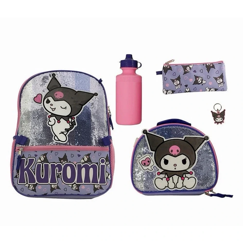 5 Piece Kuromi Backpack Lunch Box Bag Tote Lunchbox Case Set My Melody Sequins
